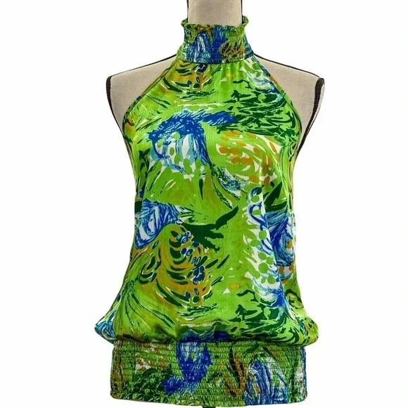 COTTON Express Green Blue Floral Print Open Back Halter Sleeveless Blouse - Picture 2 of 11